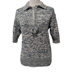 Anthropologie Womens Sz S Carlotta Teal White Marled Knit Collar S/S Tassel Top